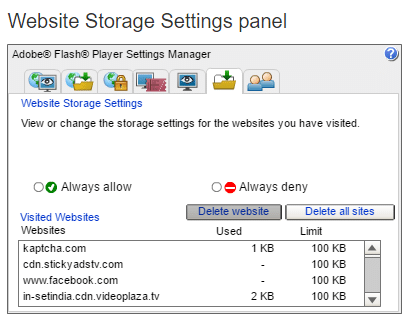webite storage settings panel Adobe Flash Player