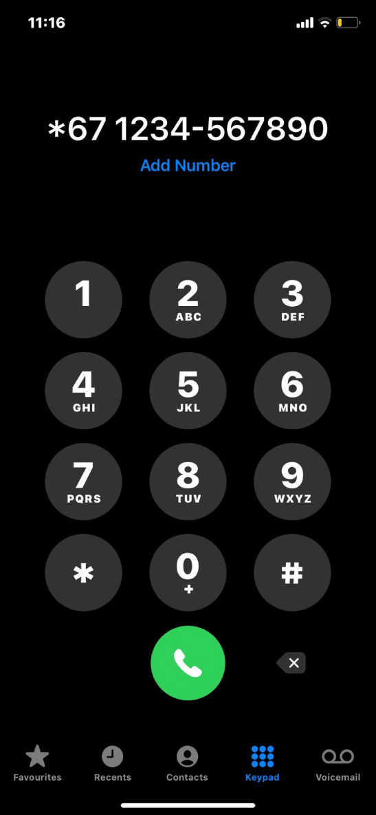 Add *67 before the phone number digits