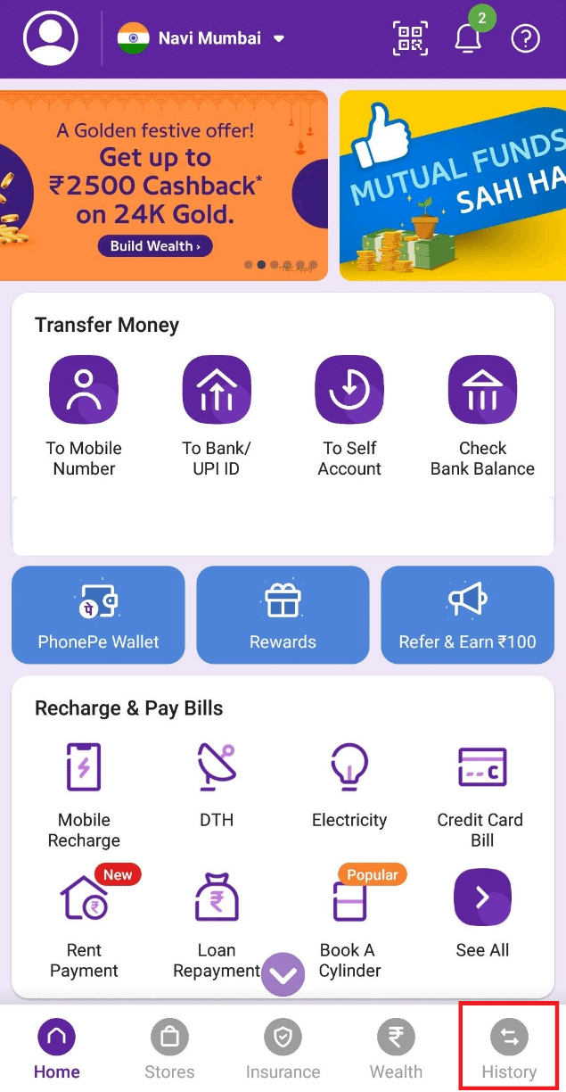 tap on History. How to Delete PhonePe Transaction History