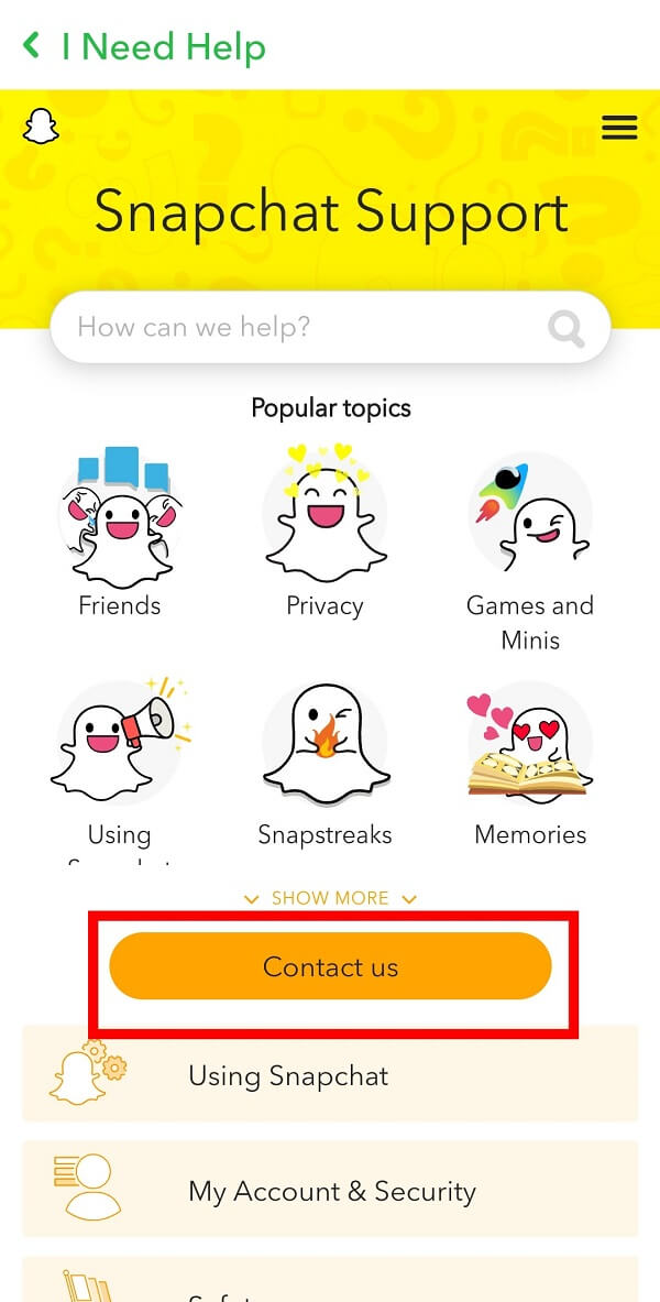 you are required to tap on the Contact Us button given at the bottom. | How to get Verified on Snapchat?