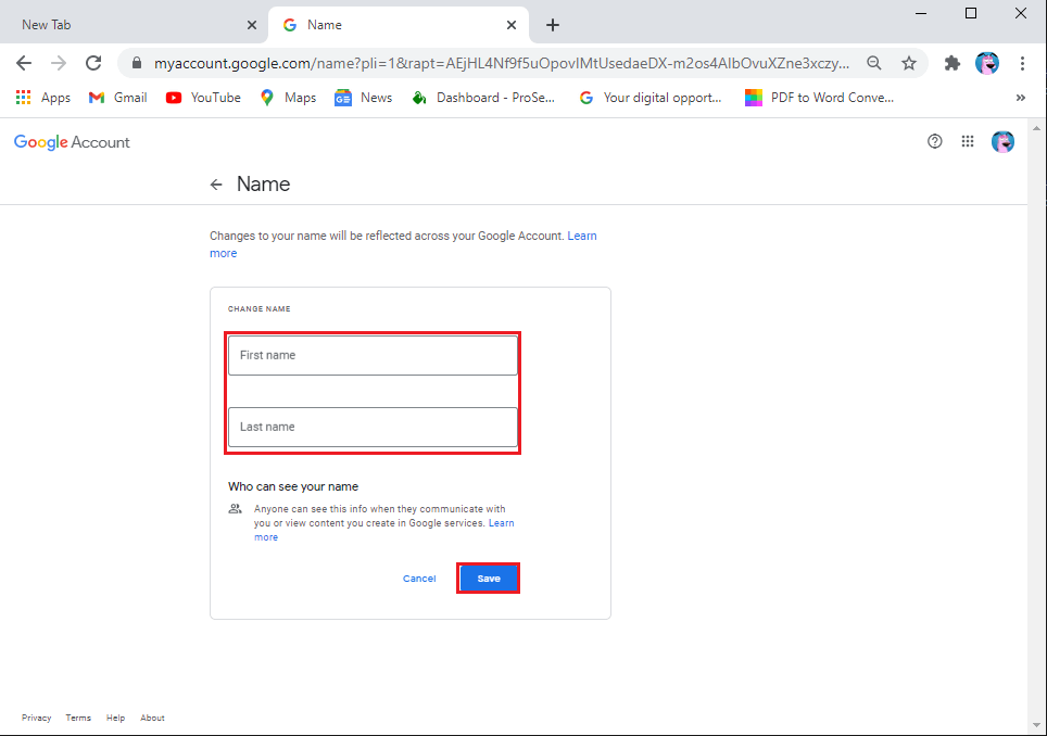 you can edit your first and last name. Click on save to confirm the changes.  | Change your Name Phone number and other info in Google Account