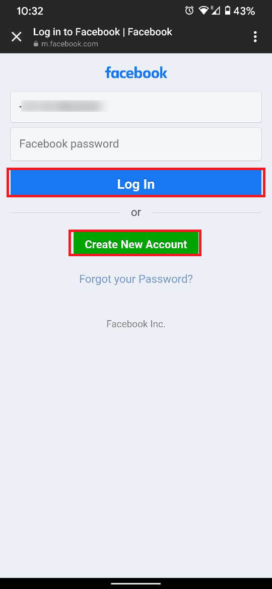 you can either select “Log In” or “Create New Account” On the Facebook Login page.