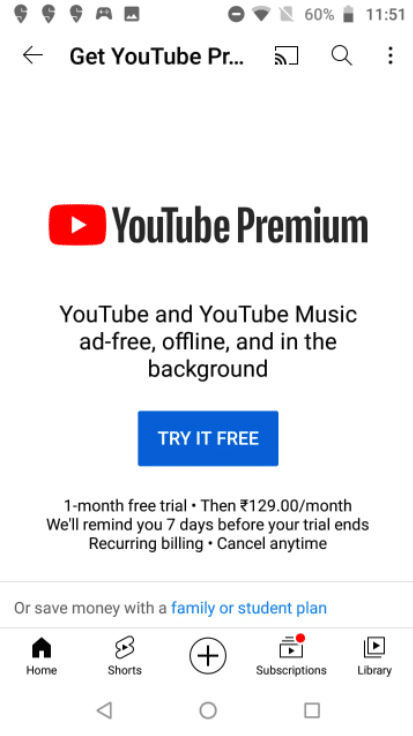 YouTube Premium subscription 