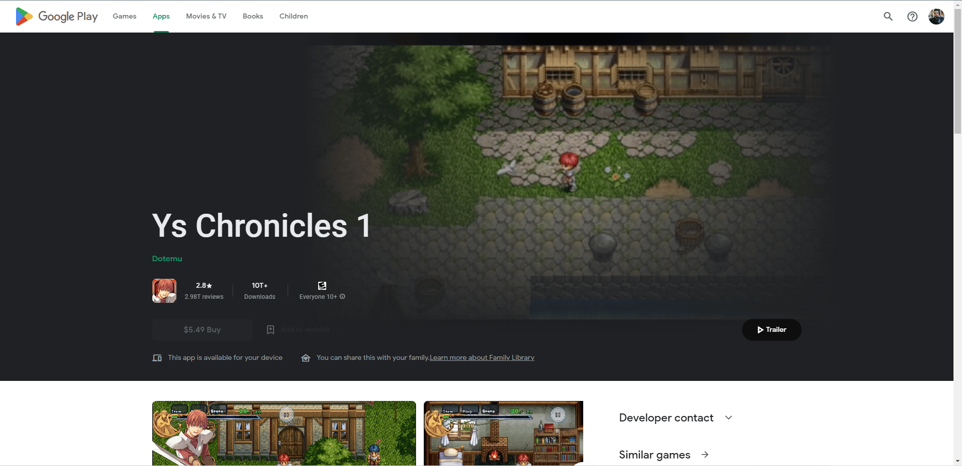 Ys Chronicles 1 Play Store webpage