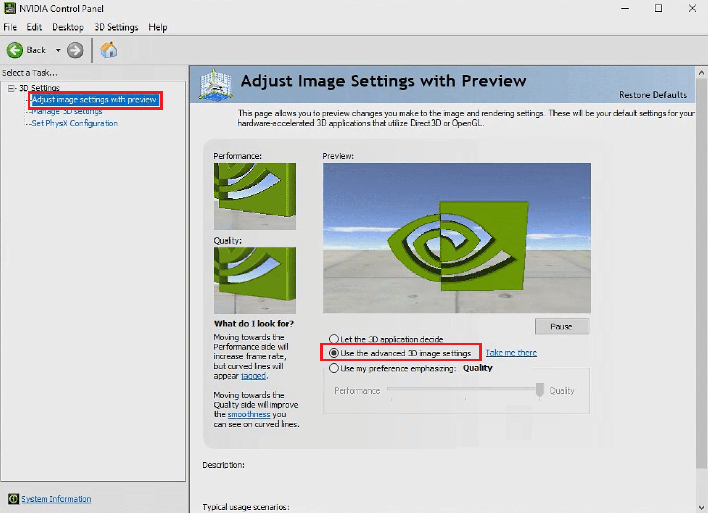 Ensure that Use the advanced 3D image settings is chosen in Adjust images settings with preview.