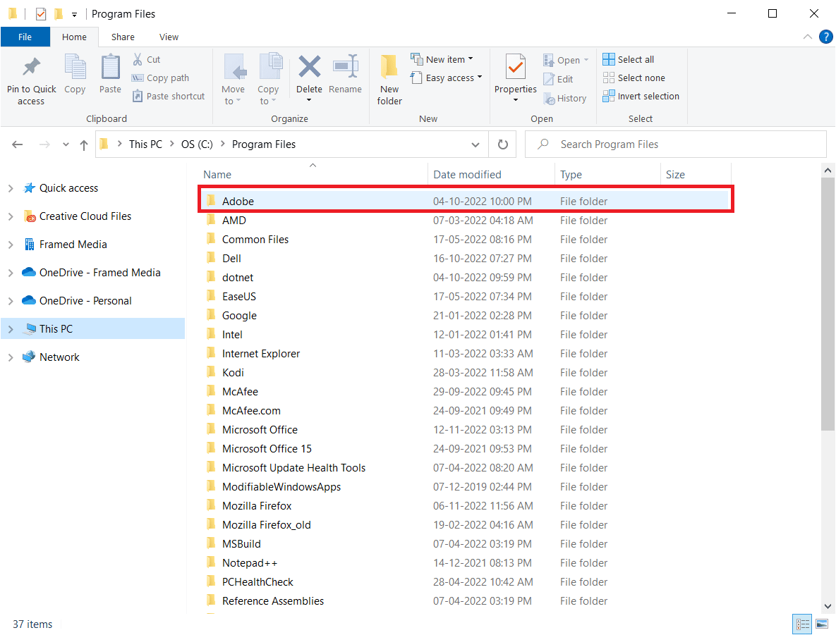 Select the Adobe folder and press the Delete key to delete the folder