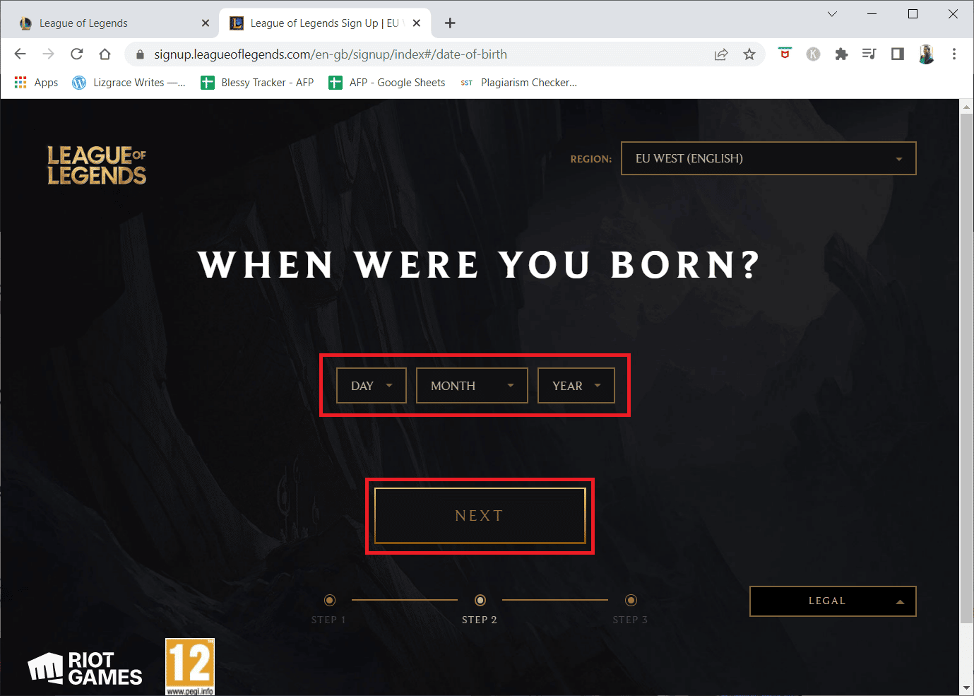 Select your Date of birth in the next step and click on NEXT | fix League of Legends error 003