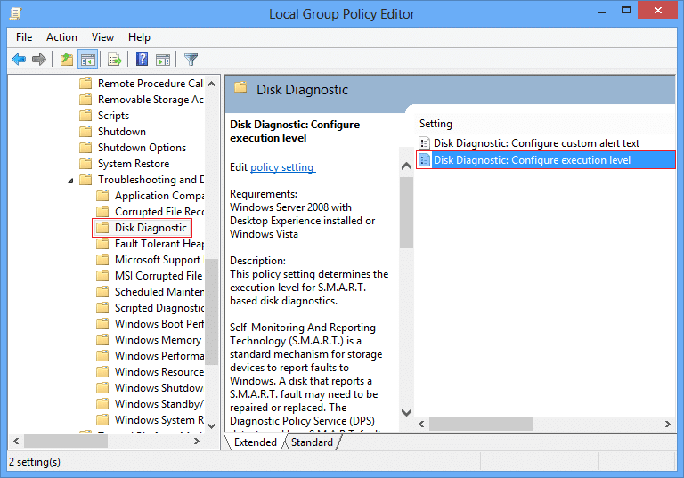 Disk diagnostic configure execution level