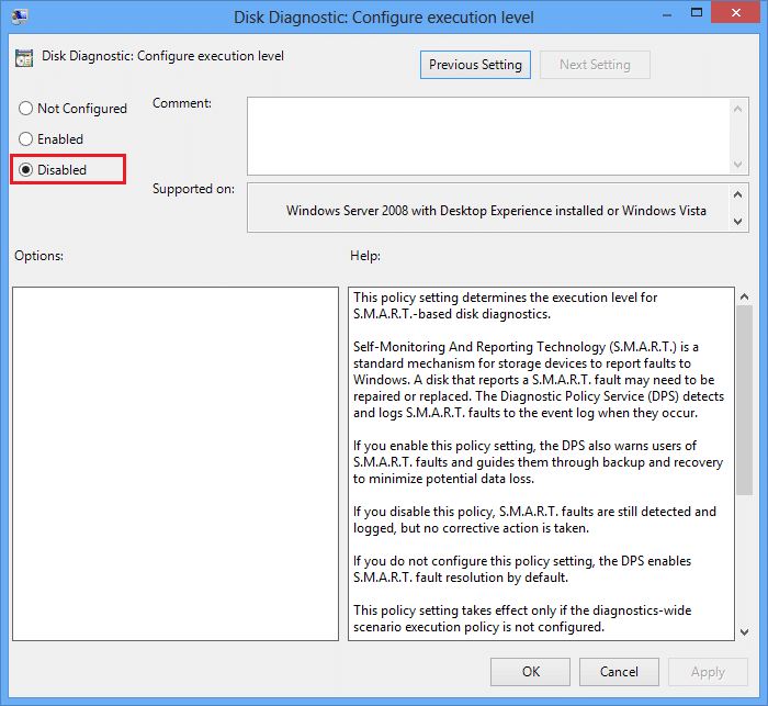 Disable Disk diagnostic configure execution level