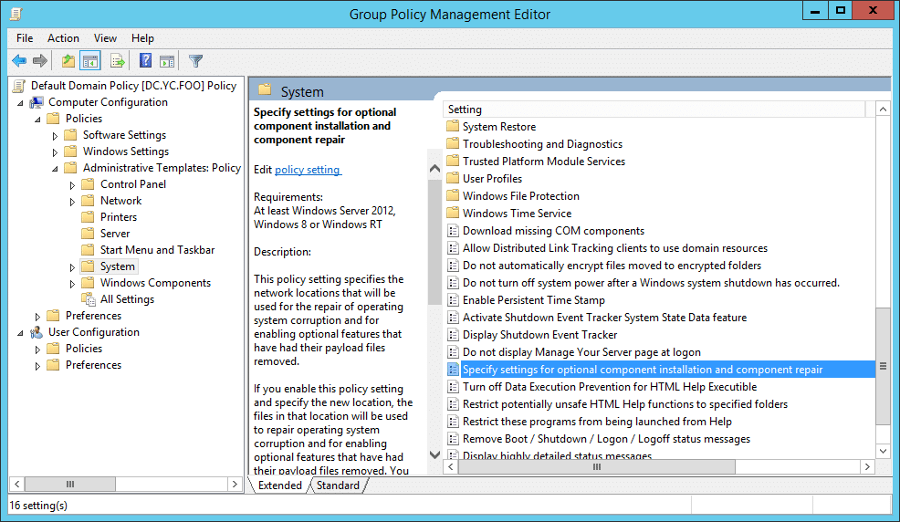 Specify settings for optional component installation and component repair
