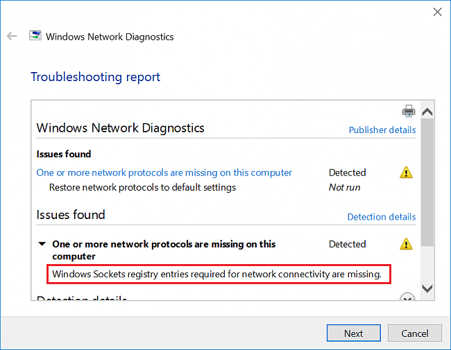 Fix Windows sockets registry entries required for network connectivity are missing