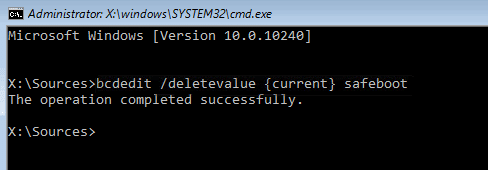 bcdedit /deletevalue {current} safeboot