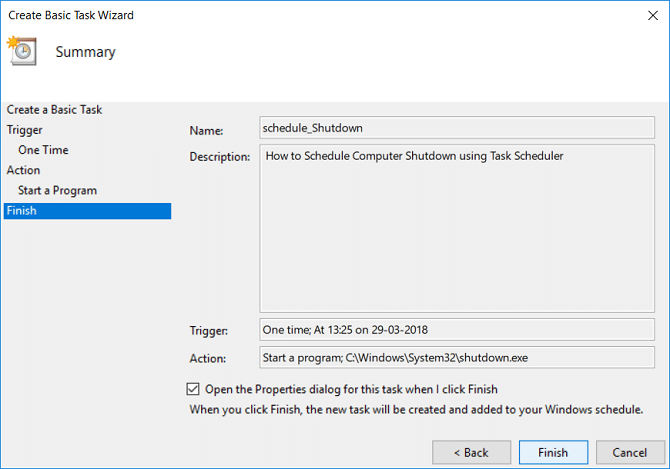 Галочка Открывает диалоговое окно «Свойства» для этой задачи, когда я нажимаю «Готово» | Установите автоматическое выключение в Windows 10