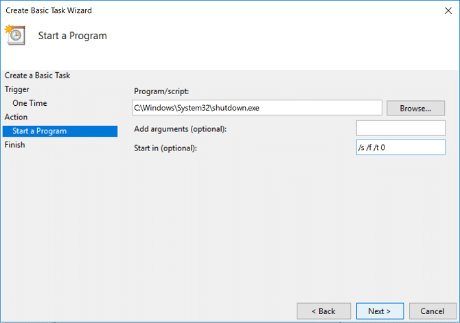 Under Program or Script browse to shutdown.exe under System32 | Set Auto Shutdown in Windows 10
