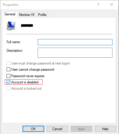Checkmark Account is disabled in order to disable the user account | Enable or Disable Built-in Administrator Account in Windows 10