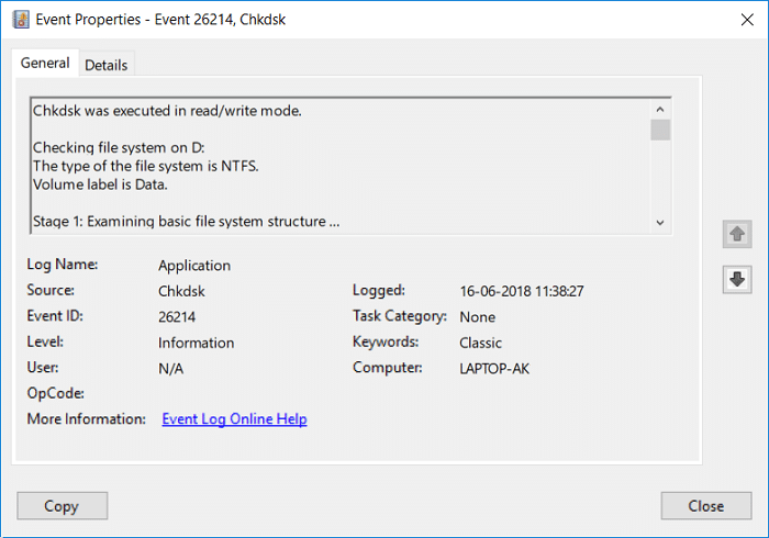 Leer el registro del visor de eventos para Chkdsk en Windows 10