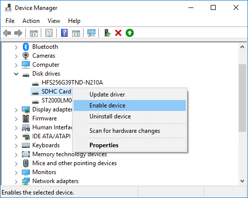 Right-click on your SD Card reader and select Enable