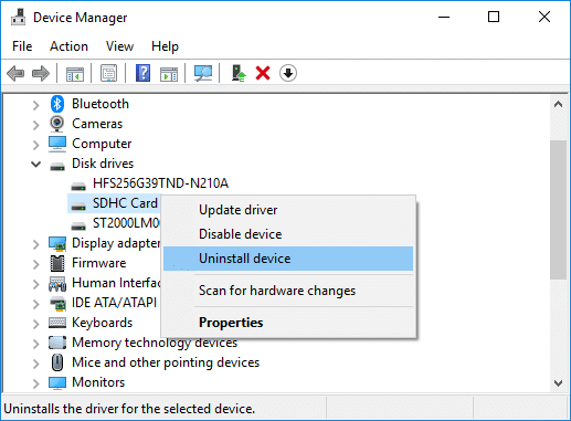 Right-click on your SD Card reader and select Uninstall