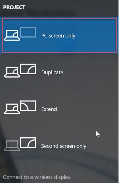 Press Windows Key + P then select PC Screen only option