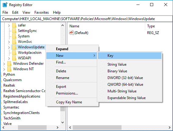 Right-click on WindowsUpdate then select New Key