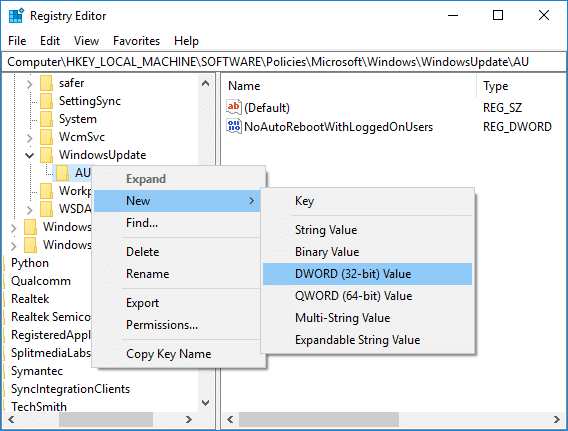 Right-click on AU key and select New then DWORD (32-bit) Value