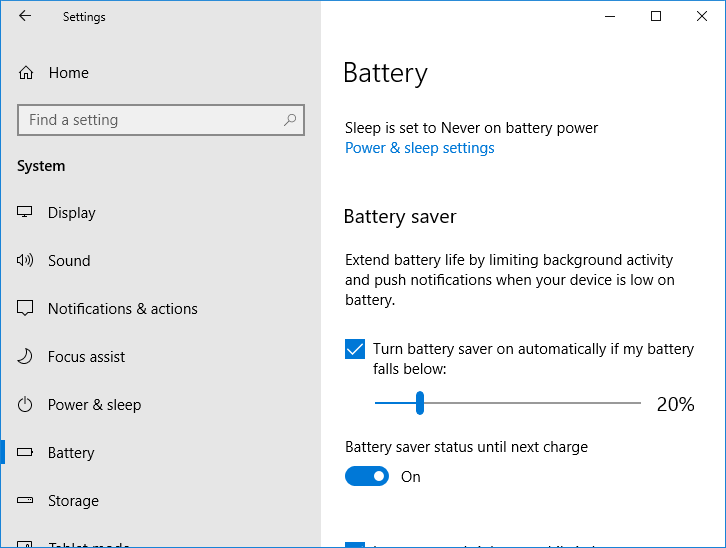 Enable or disable the toggle for Battery saver status until next charge