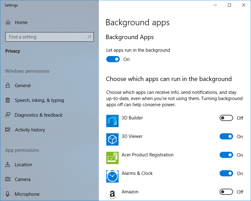 Opriți rularea aplicațiilor în fundal pe Windows 10