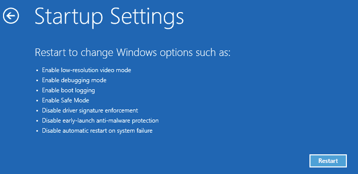 Click on the Restart button from the Startup settings window