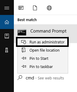 Type cmd in Windows search box and select command prompt with admin access