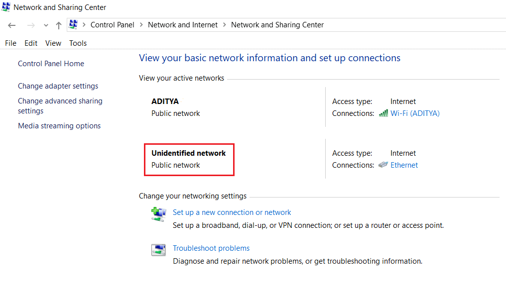 Fix Unidentified Network in Windows 10