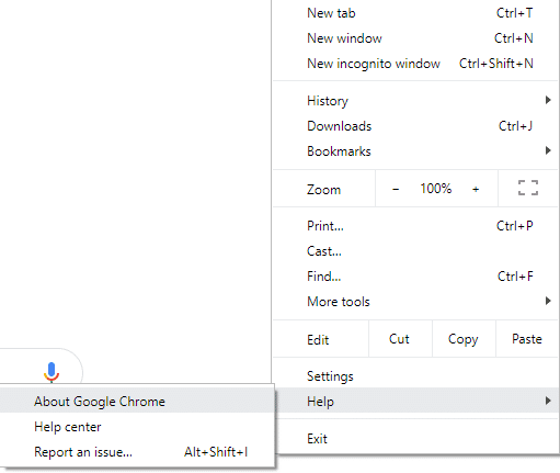 Under Help option, click on About Google Chrome
