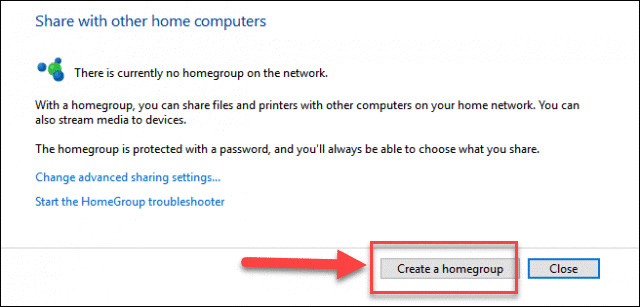 Click on the Create a Homegroup option