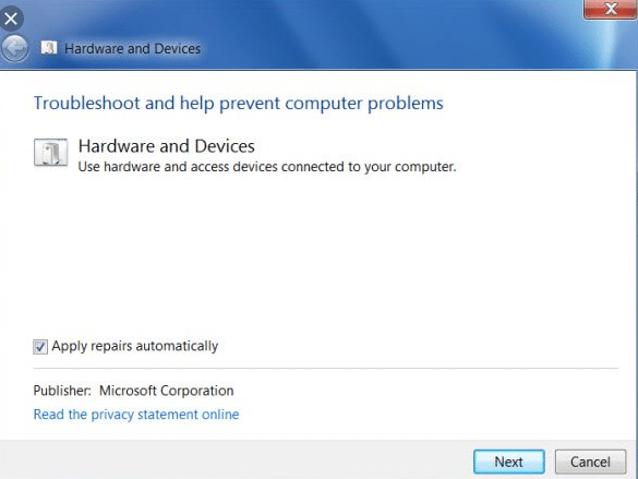 The Hardware and Devices Troubleshooter window will open.