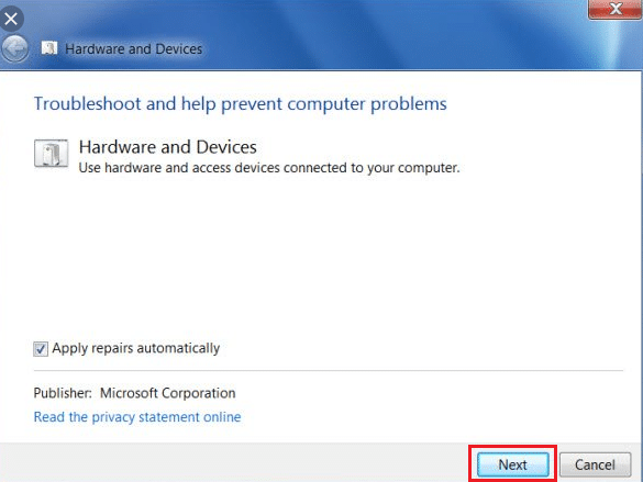 To run the Hardware and Devices troubleshooter, click on the Next button at the bottom of the screen.