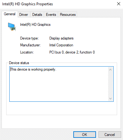 If the device is working correctly, then it will show the device working message properly under Device status, as shown below. in general tab of graphic properties.