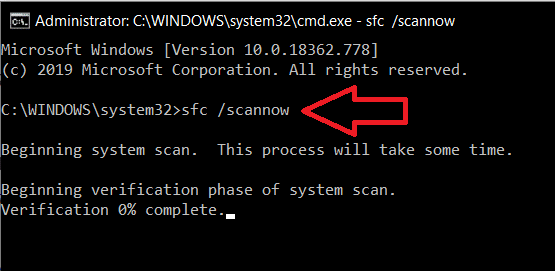 In the command prompt window, type sfc scannow, and press enter