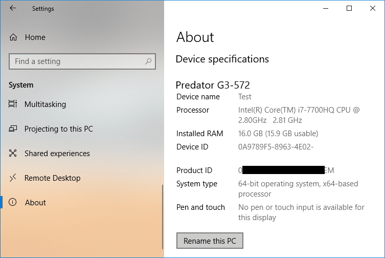Click on Rename this PC under Device specifications