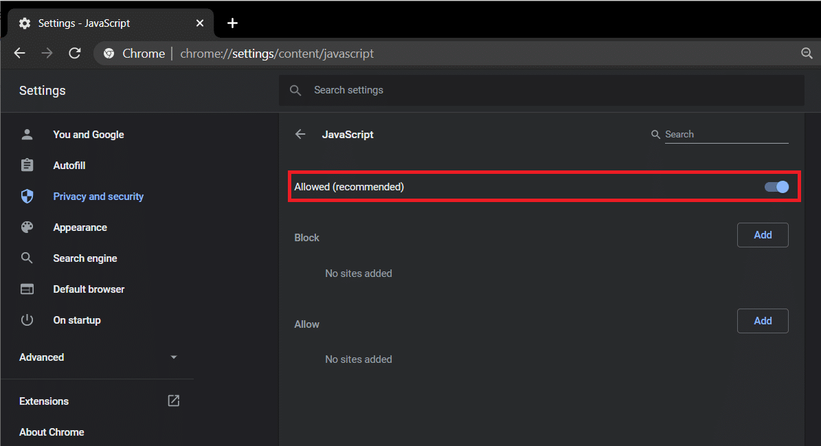 Enable the JavaScript option by clicking on the toggle switch | What Is Void Document Oncontextmenu=null, And How To Use It?