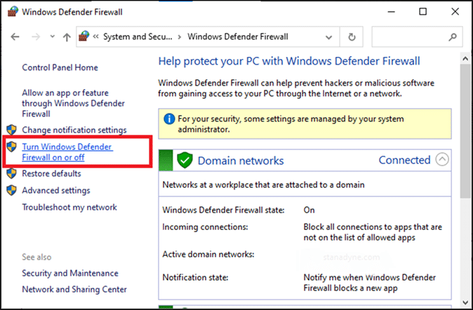 Click the Turn Windows Defender Firewall on or off option | How to Fix Logitech Gaming Software Not Opening on Windows PC