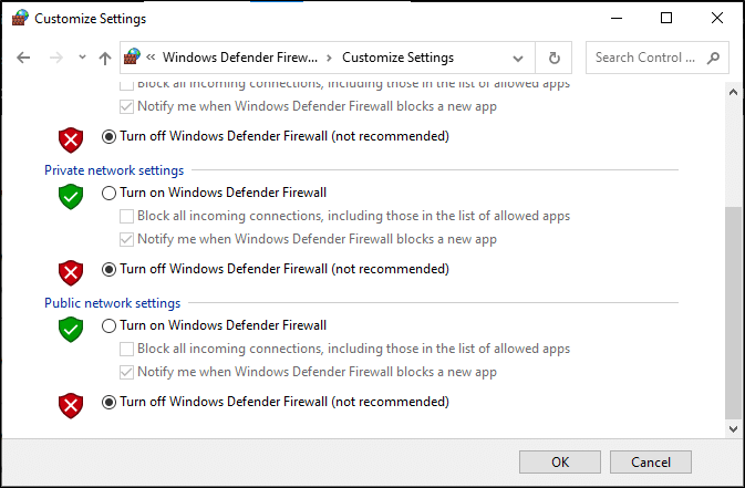 Now, check the boxes; turn off Windows Defender Firewall (not recommended) for all types of network settings