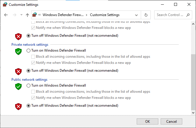 Now, check the boxes; turn off Windows Defender Firewall (not recommended) | connection refused no further information Minecraft Error