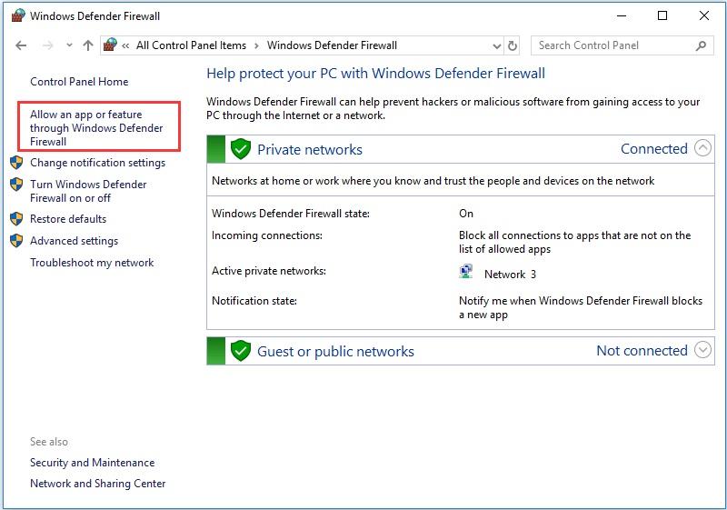 In the popup window, choose Allow an app or feature through Windows Defender Firewall.