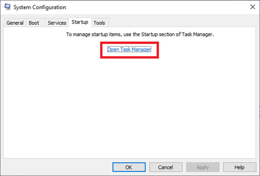 Now, switch to the Startup tab and click the link to Open Task Manager | Windows 10: How to Fix Insufficient System Resources Exist to Complete the API Error