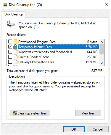 Here, check the box Temporary Internet Files and click on Clean up system files.
