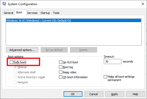 Here, check the Safe boot box under Boot options and click on OK. 