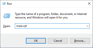 After entering the following command in the Run text box: ncpa.cpl, click the OK button.