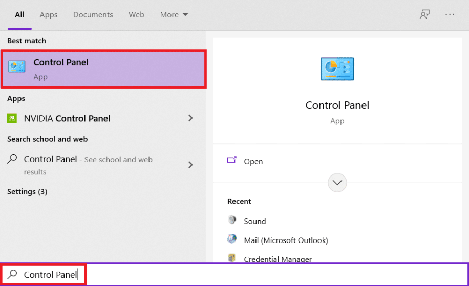 launch control panel from windows search