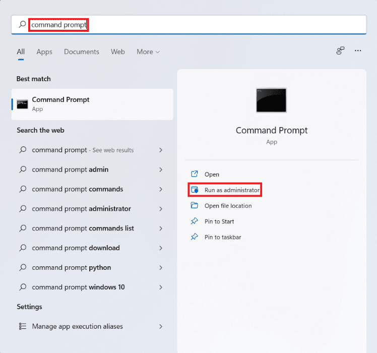 Start menu search results for Command Prompt