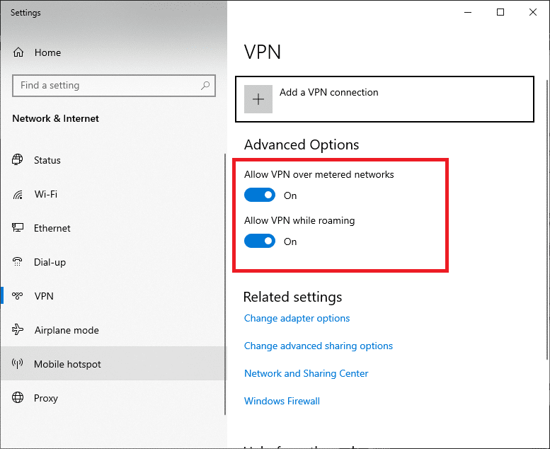 In the Settings window, disconnect the active VPN service and toggle off the VPN options under Advanced Options