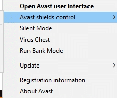 Сега изберете опцията за контрол на Avast shields и можете временно да деактивирате Avast